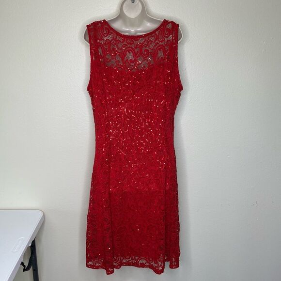 NWT Liz Claiborne Red Lace Sequin Fit and Flare Dress Sleeveless Lined Women 16 - Picture 7 of 14